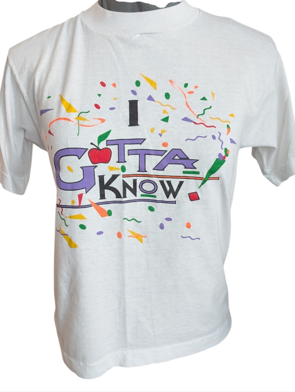 80s Vintage Soft Single Stitch White Multicoloured I Gotta Know T Shirt Youth